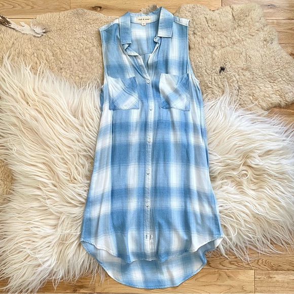Cloth & Stone Anthropologie Blue Check Button Down Mini Dress - Picture 1 of 6